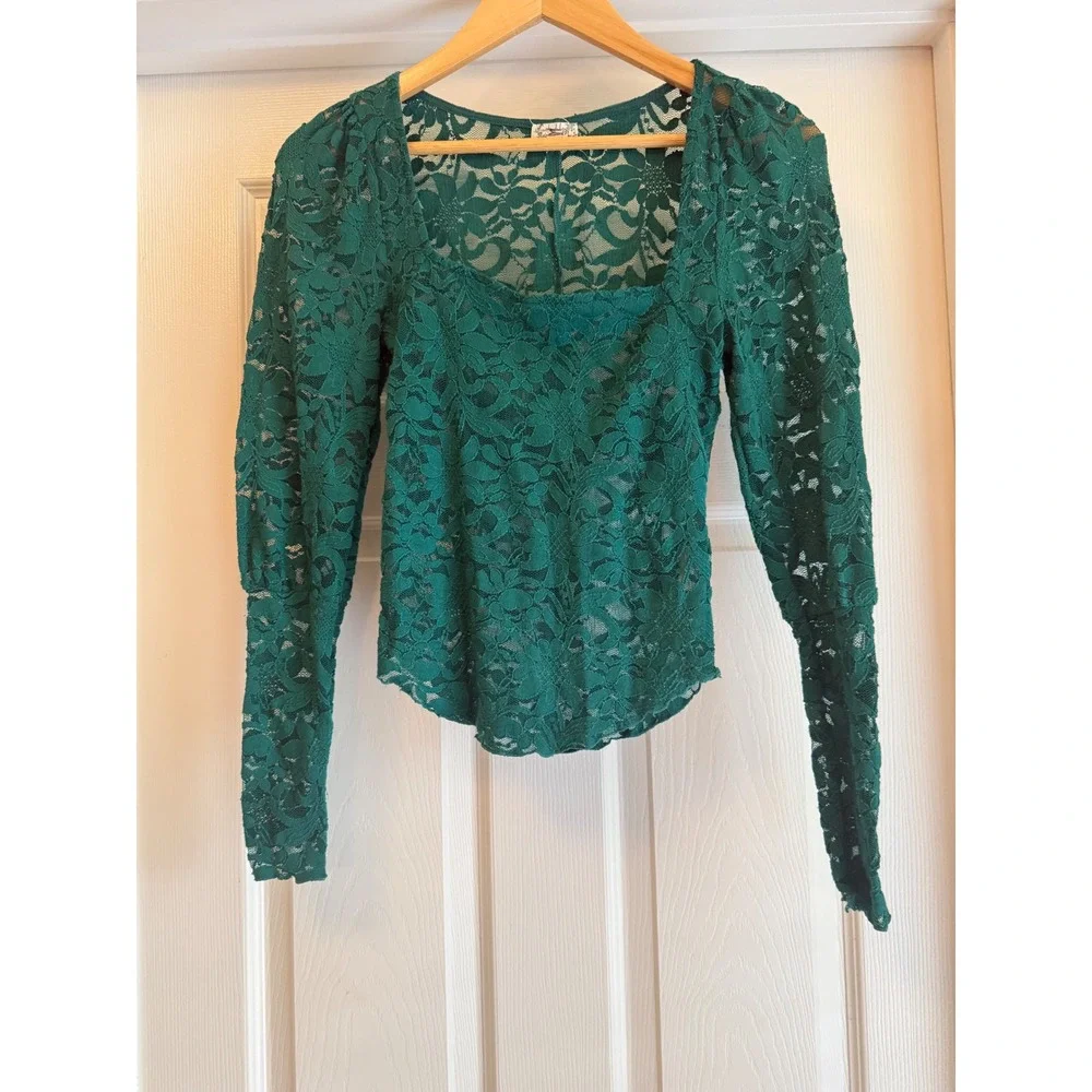 Intimately Free People Lace Top Women XS Green Square Neck Long Sleeve Scalloped